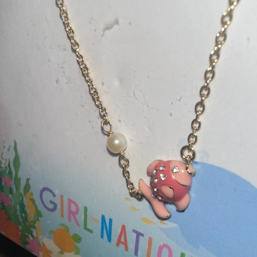 Girl Nation 14K Gold Plated Pink Enamel Fish Crystal Necklace Hypoallergenic